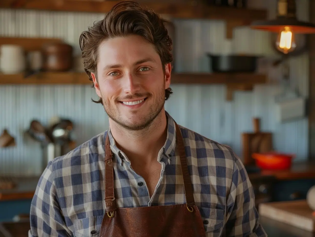 A handsome young man with wavy brown hair and blue-green eyes, identified as Dylan Hayes, smiles warmly at the camera. He is wearing a blue and white plaid shirt and a rustic brown leather apron, standing in a kitchen with wooden shelves and a warm-toned light fixture in the background.