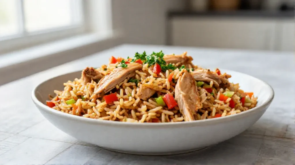 A visually stunning plate of Gordon Ramsay's chicken pilaf recipe, brimming with flavorful chicken, aromatic spices, and fluffy rice.