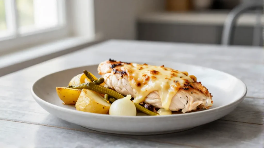 A stunning presentation of the Gordon Ramsay chicken raclette recipe, featuring bubbling melted cheese over tender chicken and roasted potatoes.