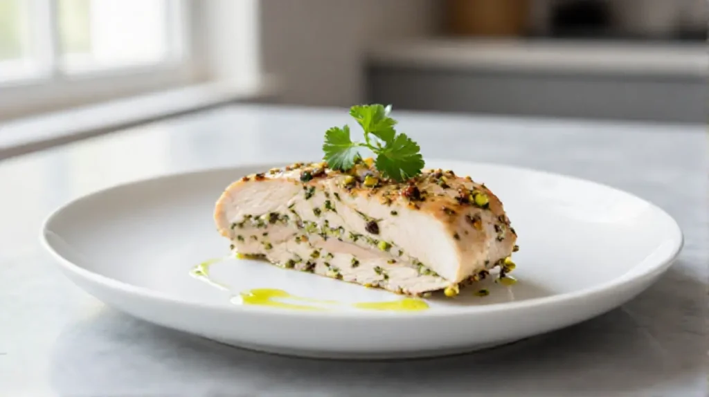 A beautifully plated, professional shot of a homemade Gordon Ramsay chicken terrine recipe, showcasing its vibrant layers and elegant presentation.